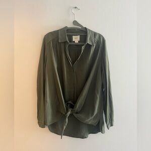 Anthropologie Maeve Olive Green Tie Front Button Down Shirt